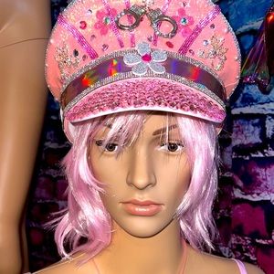 NEW Please “Cuff Me Love” Pink glittery Rave Hat